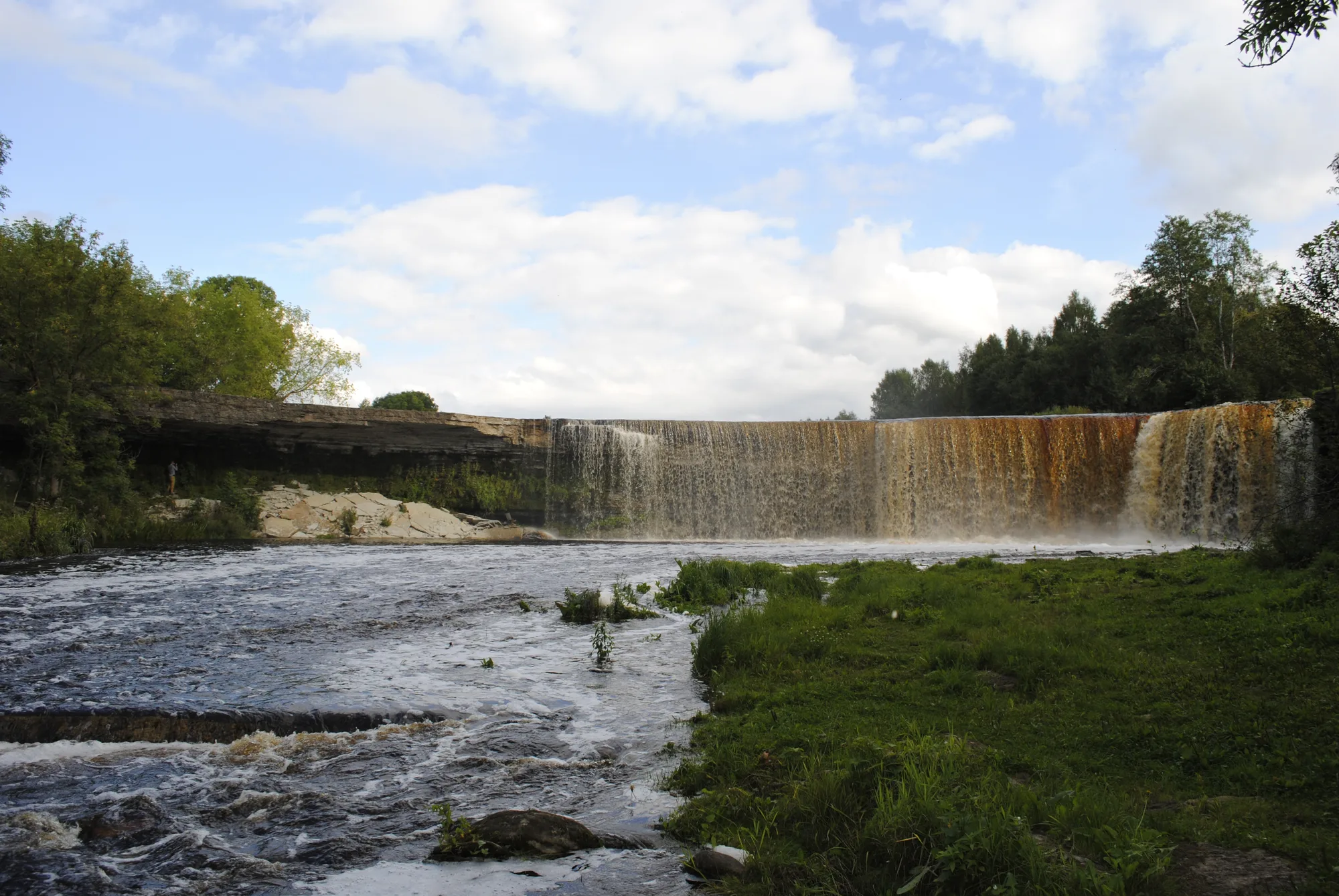 The wide curtain of Jägala Waterfall flowing over a limestone ledge across the river in summer, Estonia