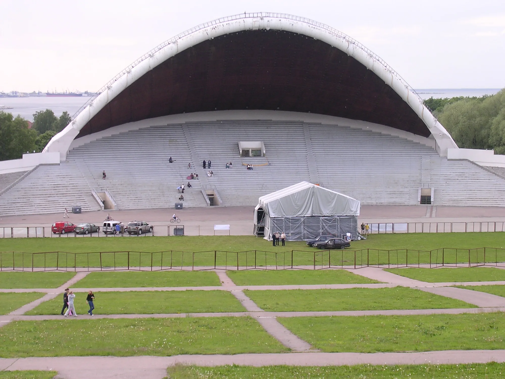 The Tallinn Song Festival Grounds (Lauluväljak) with its large white shell-shaped arched song stage and tiered stand