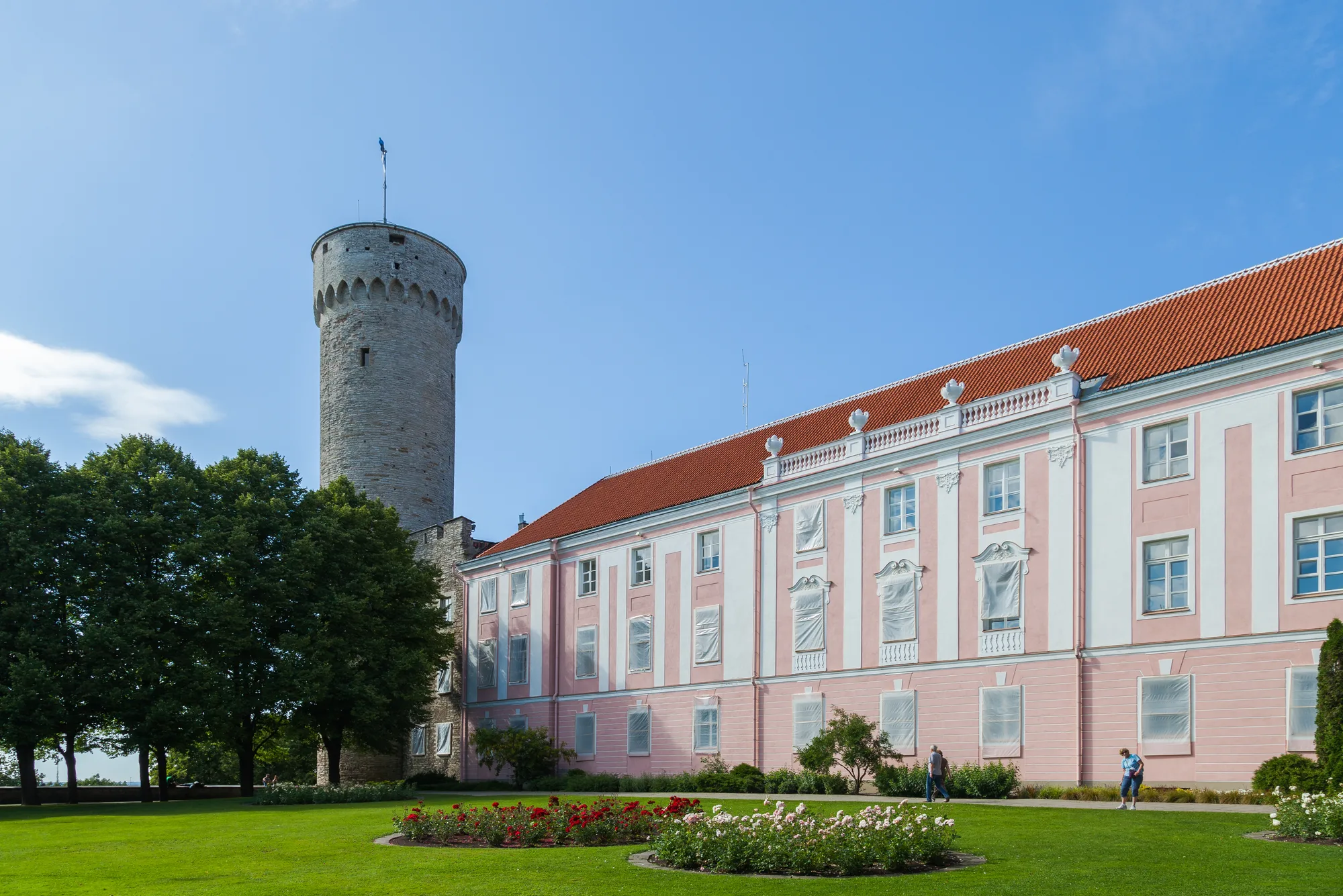 Tall Hermann tower (Pikk Hermann) flying the Estonian flag beside the pink Baroque facade of Toompea Castle, the Estonian parliament, in Tallinn