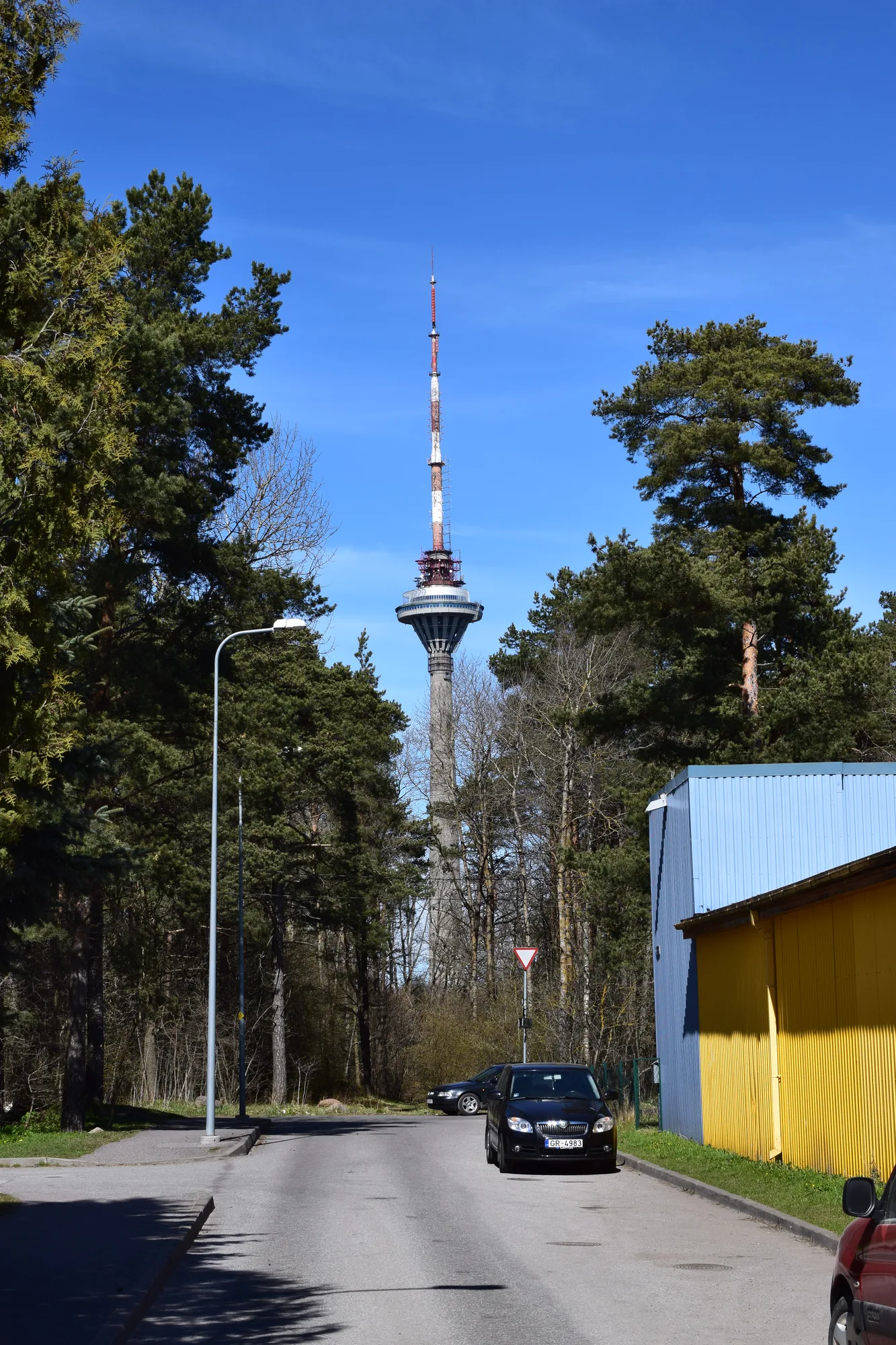 The Tallinn TV Tower (Teletorn), a tall concrete tower with its disc-shaped observation deck and antenna mast above the pine forest